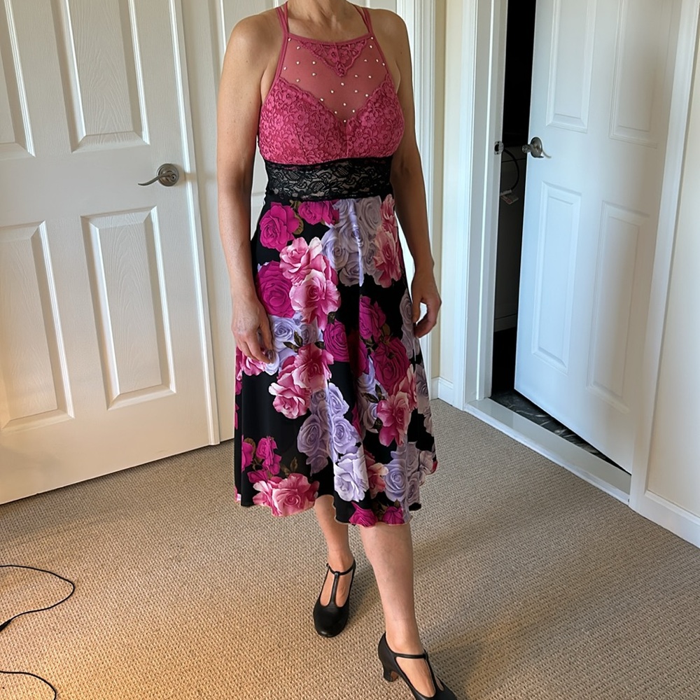 Flowy rose print Argentine tango lace strappy dress
